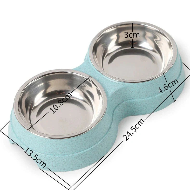 Double pet bowl with stainless steel insert and straw base in blue, showing separate food and water compartments
