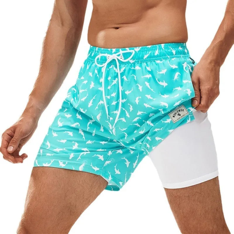 Men's loose quick-drying boxer swimming trunks in spandex fabric with various colour patterns