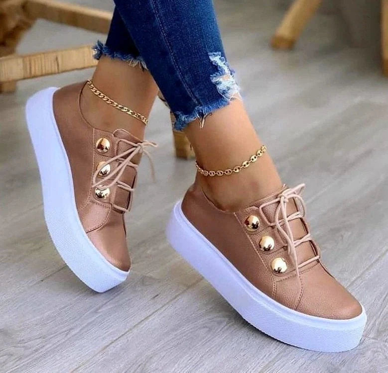 Women's Rivet Lace-up Flats Sneakers in white, black, gold, and rose gold