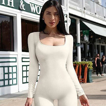 Stylish women's yoga jumpsuit with square neckline and long sleeves, available in a variety of colors