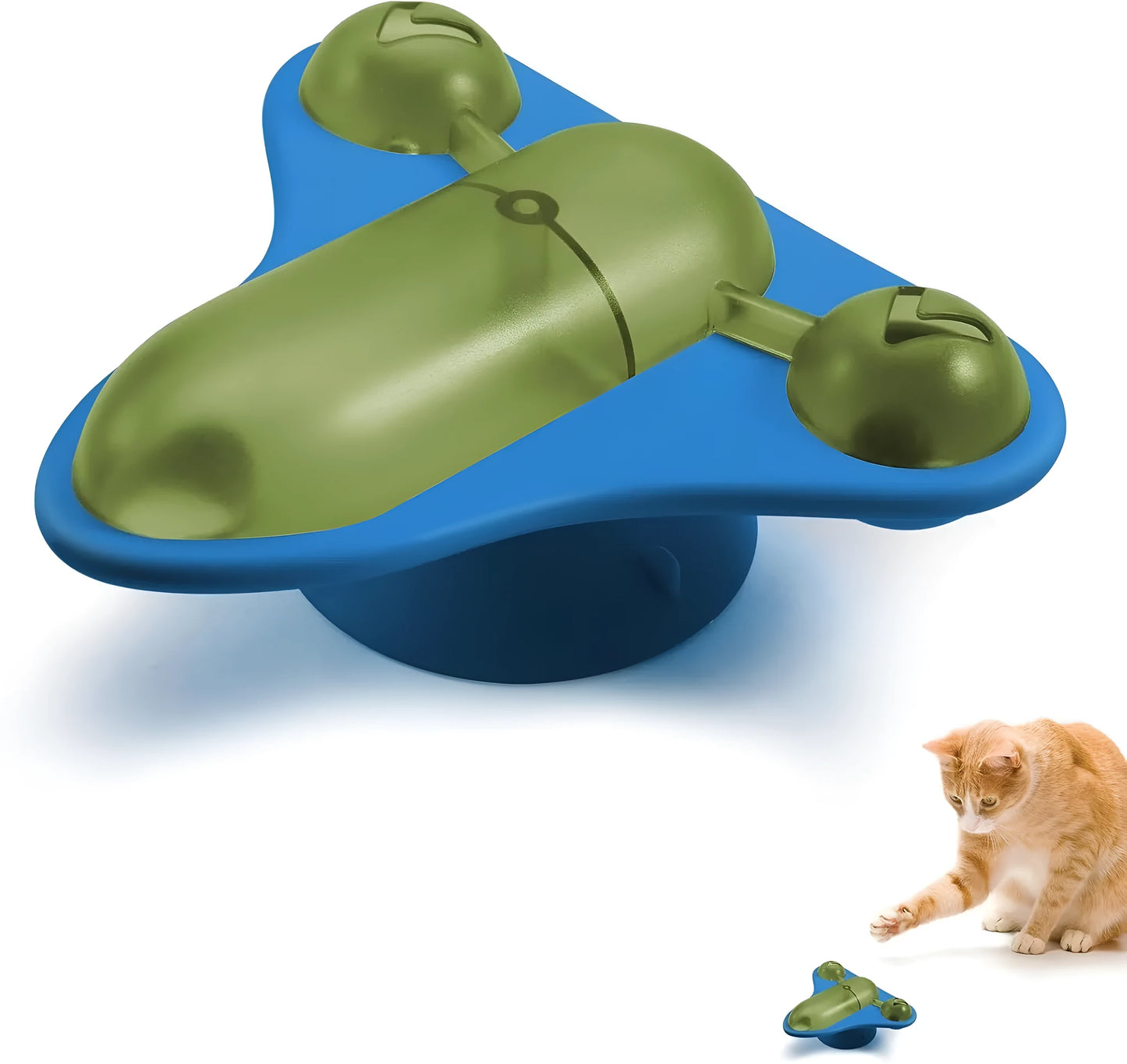 Blue interactive pet puzzle toy with bell, catnip, and snack cabin on a floor.