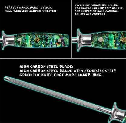 Household knife sharpener with high carbon steel blade and abalone shell handle on a kitchen counter.