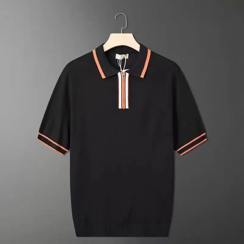 Men's casual zipper polo shirt, short sleeve cotton blend top, white or black, sizes M to XXXL