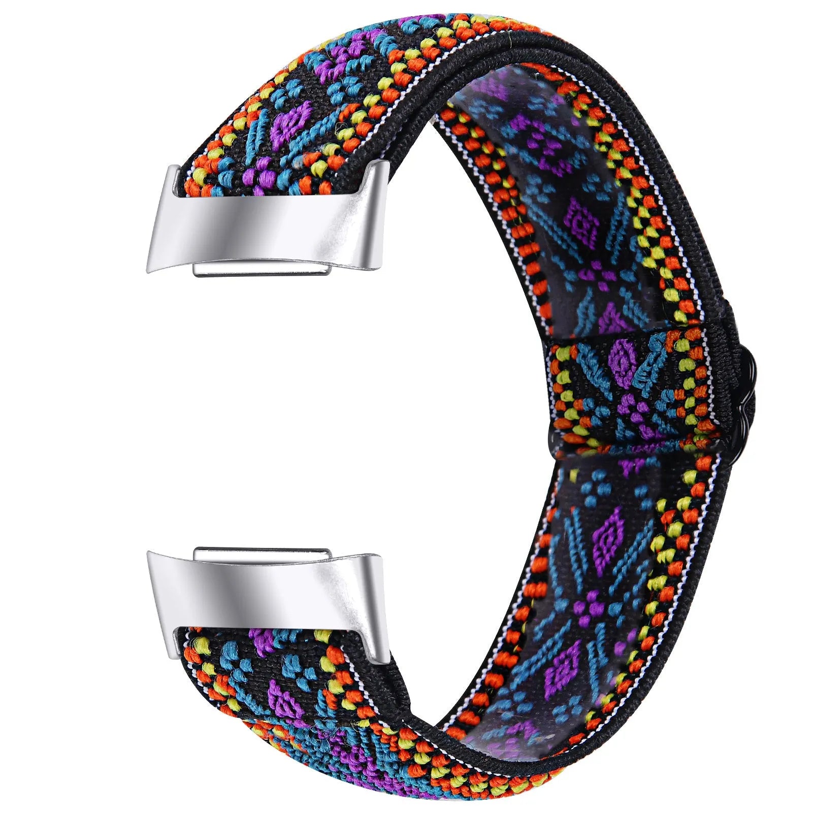 Printed elastic watch strap for Fitbit Charge 6 with adjustable sizing and multiple colour options