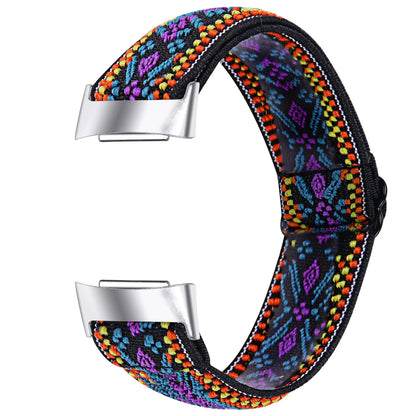 Printed elastic watch strap for Fitbit Charge 6 with adjustable sizing and multiple colour options
