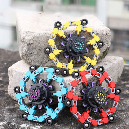 Transformable fidget spinner chain toy in various colors, including blue, red, and yellow, with a suction cup for hands-free spinning