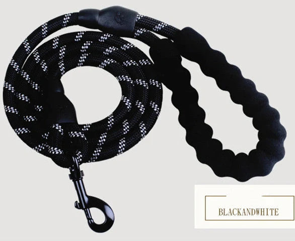 Reflective dog leash with foam handle showing 1.5m length and zinc alloy hook