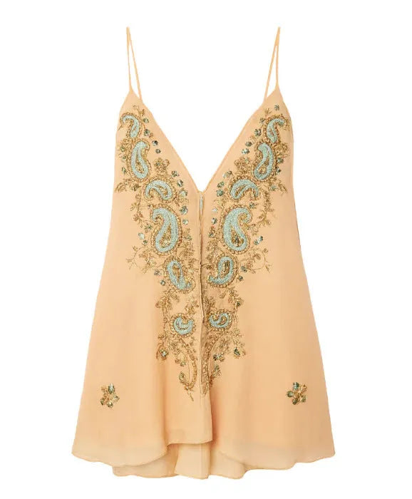 Light yellow ethnic print polyester V-neck strap dress short skirt with sleeveless elegant style for women’s temperament commute wear, available in XS, S, M, L, XL Asian sizing.