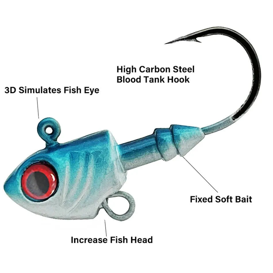 Pack of three Yayu shaped lead head fishing lures in Blue, Sliver or Yellow colour.