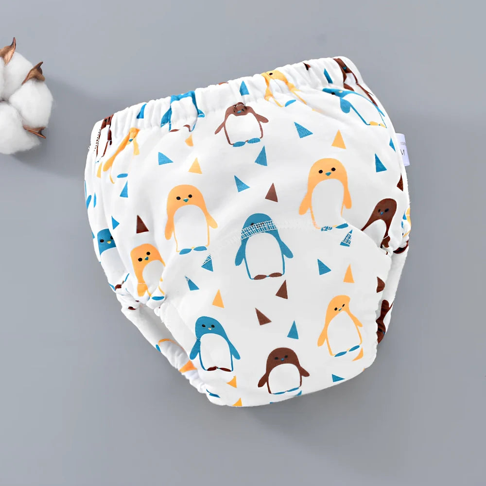 Washable baby training pants with 6-layer gauze construction in assorted patterns including animals and geometric designs