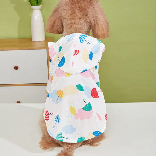 Dog wearing cartoon umbrella pattern raincoat in polyester fabric, available in five sizes from XS to XL