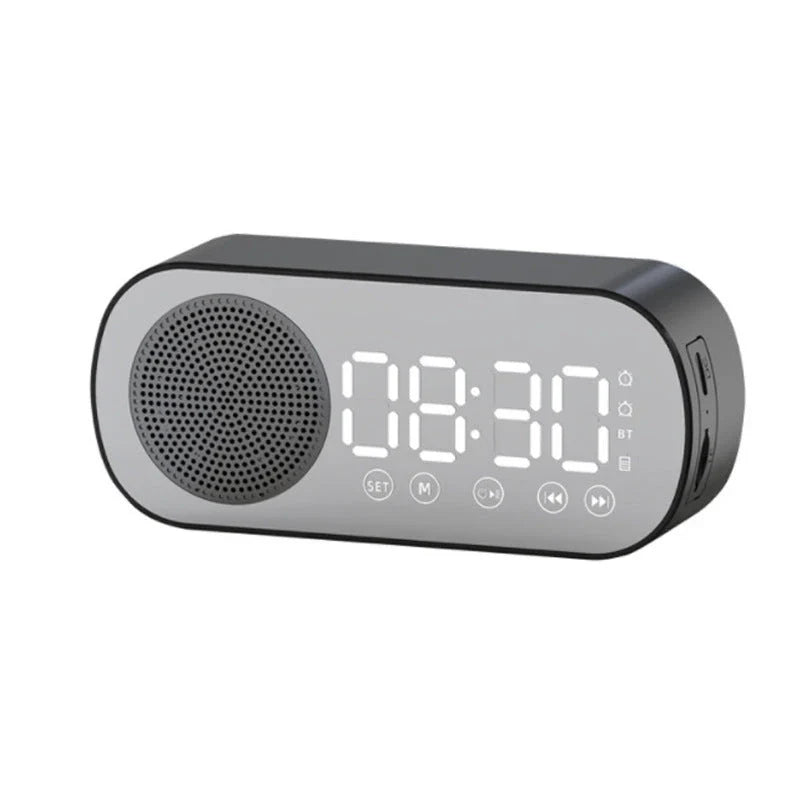 5-in-1 Bluetooth alarm clock with mirror design, LED display, FM radio, dual alarms, and phone stand