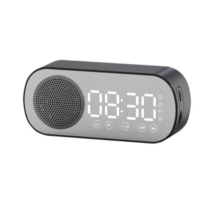 5-in-1 Bluetooth alarm clock with mirror design, LED display, FM radio, dual alarms, and phone stand