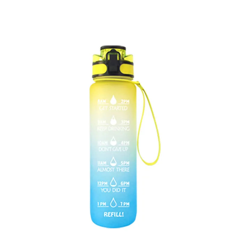 Transparent 1000ml Tritan sports water bottle with infuser on a plain background