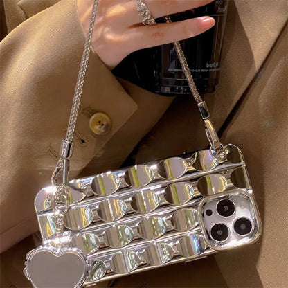 Electroplated silver heart mirror phone case in silicone for iPhone 11 to 15 Pro Max, fall protection cover.