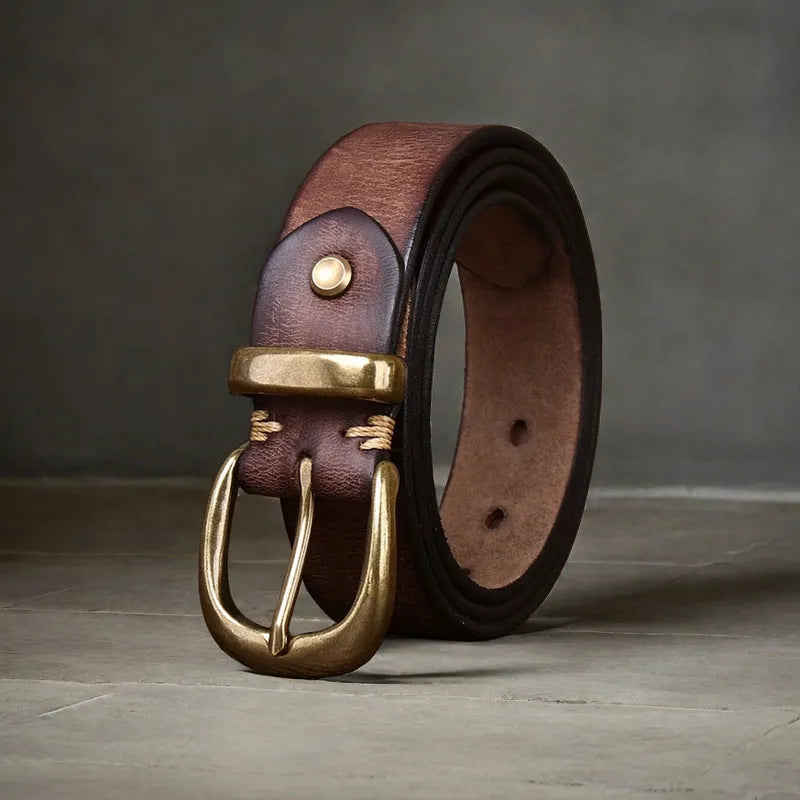 Men's casual jeans belt in pure cattlehide first layer leather, copper pin buckle, available in black, brown, and khaki with a standard 2-4cm width and adjustable length from 95 to 125 cm for a classic fit.