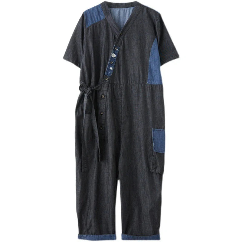 Stylish women's denim drawstring jumpsuit in blue and black