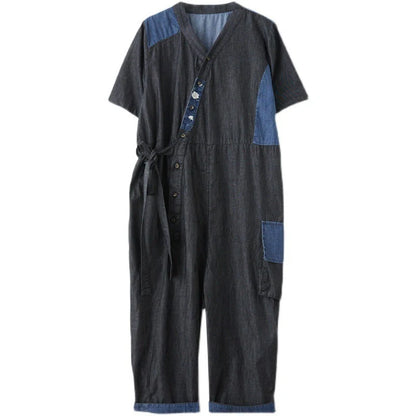 Stylish women's denim drawstring jumpsuit in blue and black