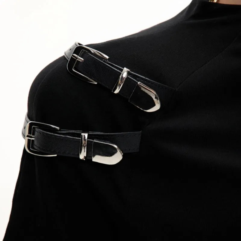 Men's black slim fit cotton T-shirt with a metal belt detail on the stand-up collar.