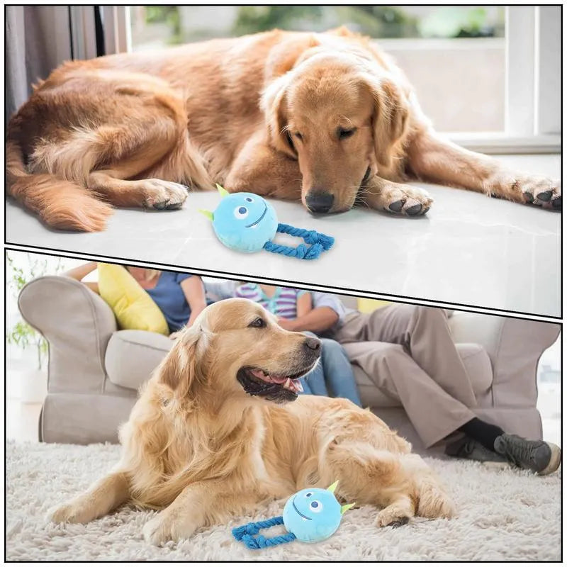 Blue or yellow dog squeaky toy with strong knot rope design for chewing and play