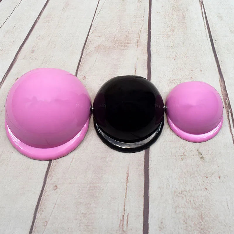 Plastic dog motorcycle cap helmet in seven colour options showing three diameter sizes