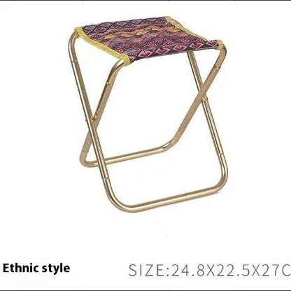 Black ethnic style folding stool with aluminium alloy frame in folded and unfolded positions