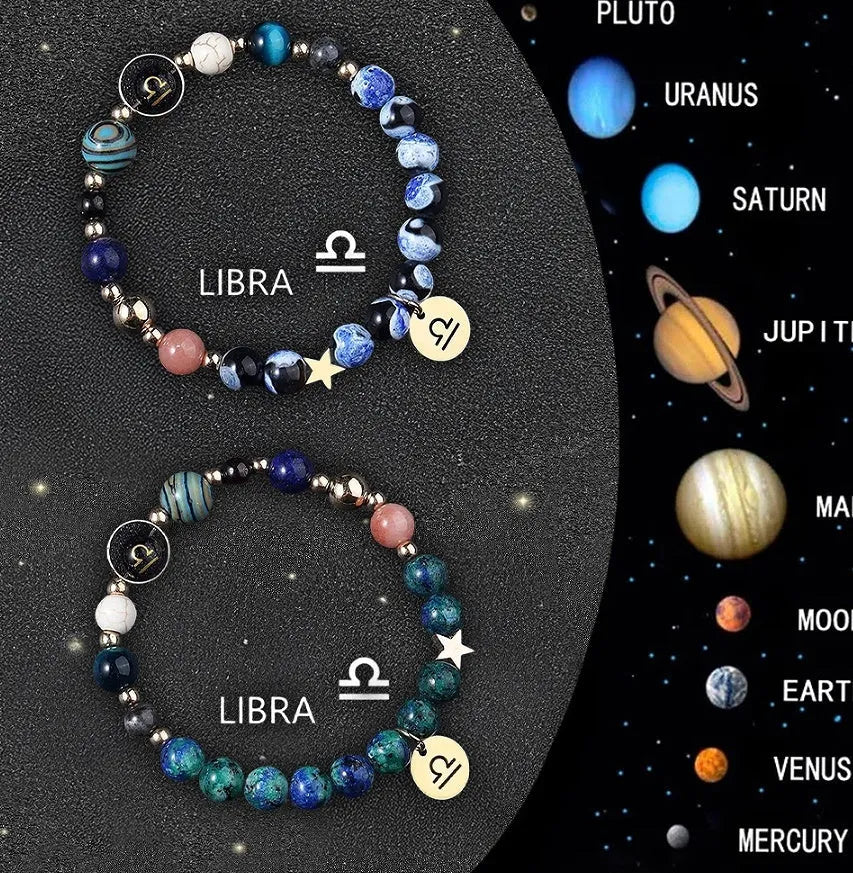 Twelve Zodiac Sign beaded bracelet set with natural stone beads and adjustable closure on wrist