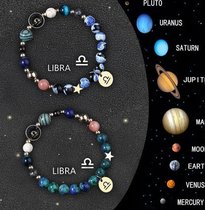 Twelve Zodiac Sign beaded bracelet set with natural stone beads and adjustable closure on wrist