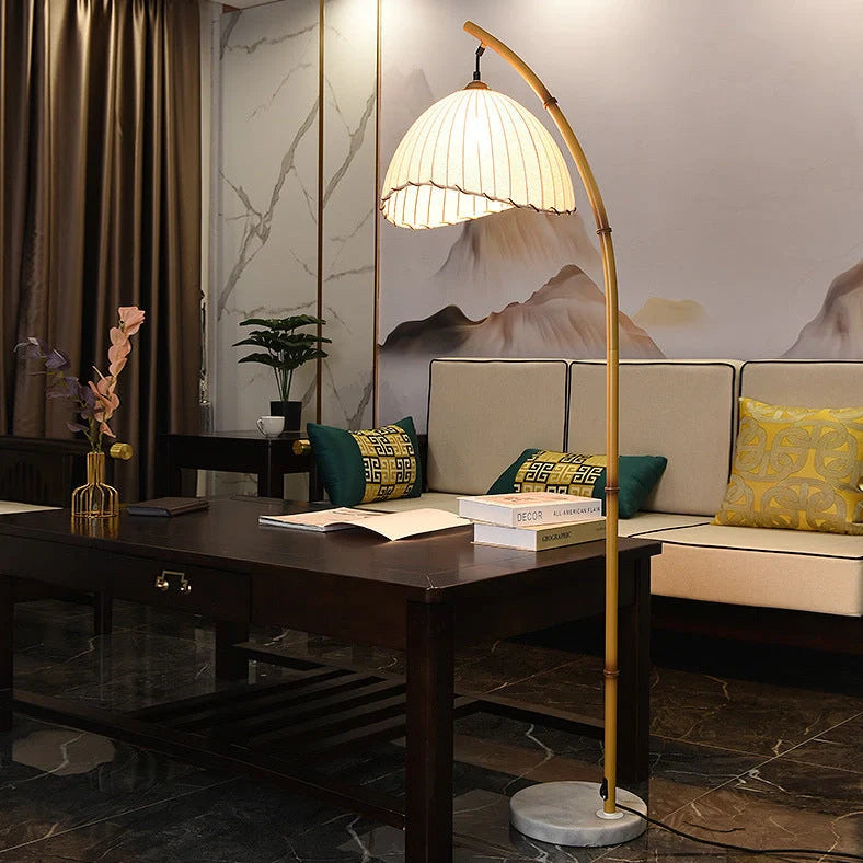 Natural bamboo floor lamp with 40cm shade and marble base, 160cm height