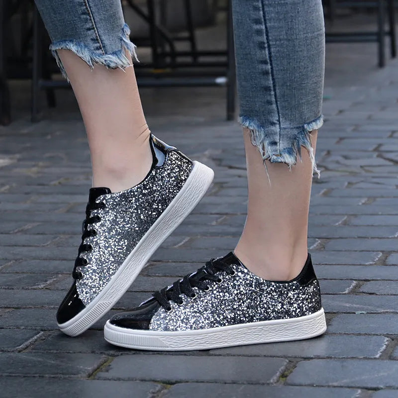 Women's low-top shoes with colourful PU sequins and leather lining for casual wear, round toe shape with front lace-up closure, black gold pink colours available in sizes 36 to 41 with rubber sole