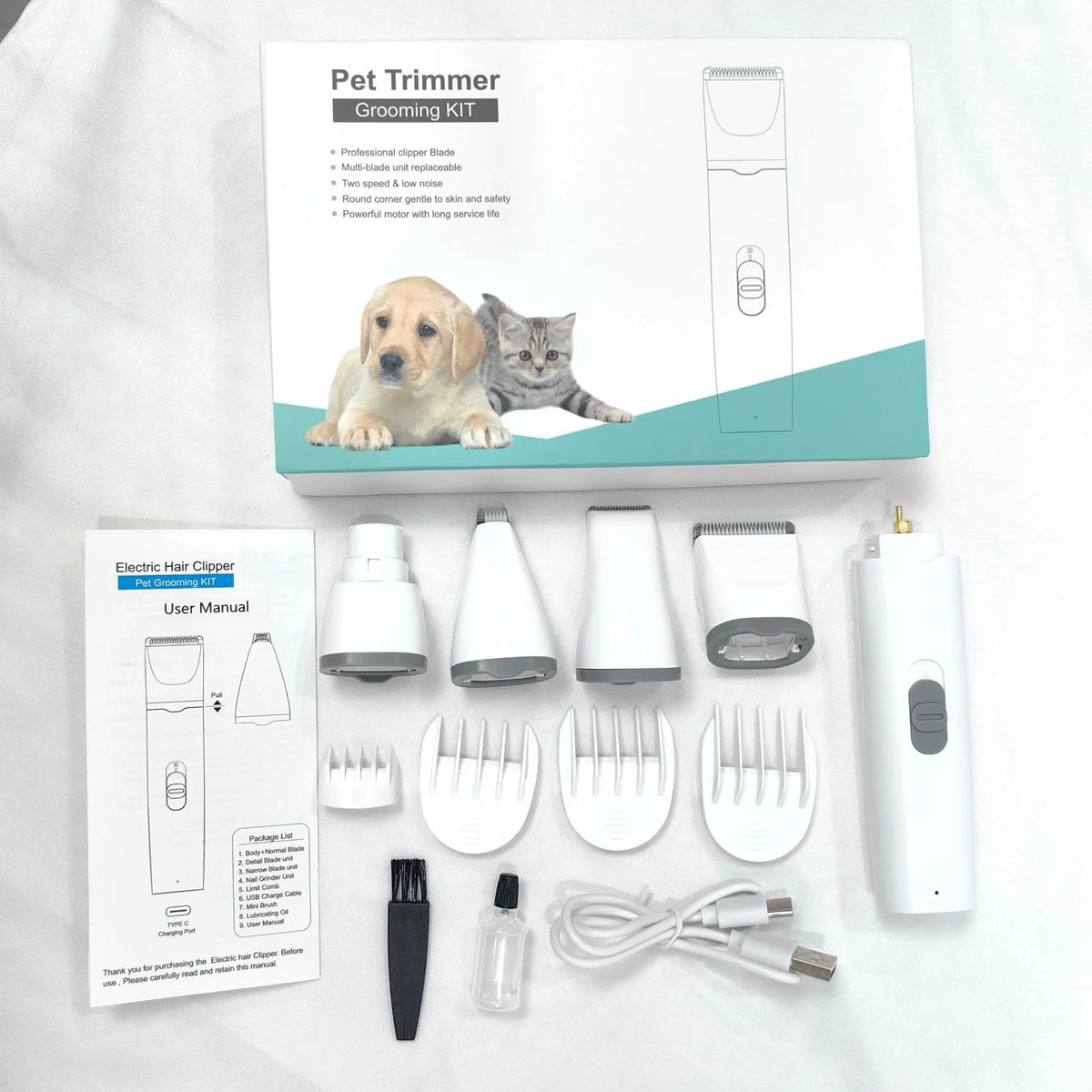 Pet shaver electric clipper suit with ABS body and white porcelain blade, shown in grey, pink, or blue set options.