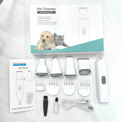 Pet shaver electric clipper suit with ABS body and white porcelain blade, shown in grey, pink, or blue set options.