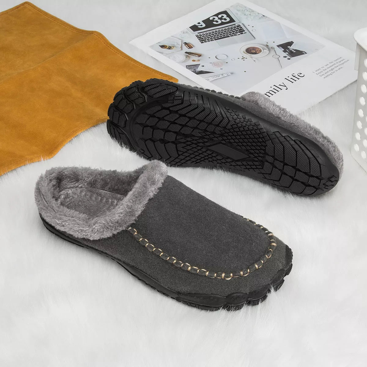 Men's winter slippers with anti-slip rubber outsole and fluffy plush lining in various colors