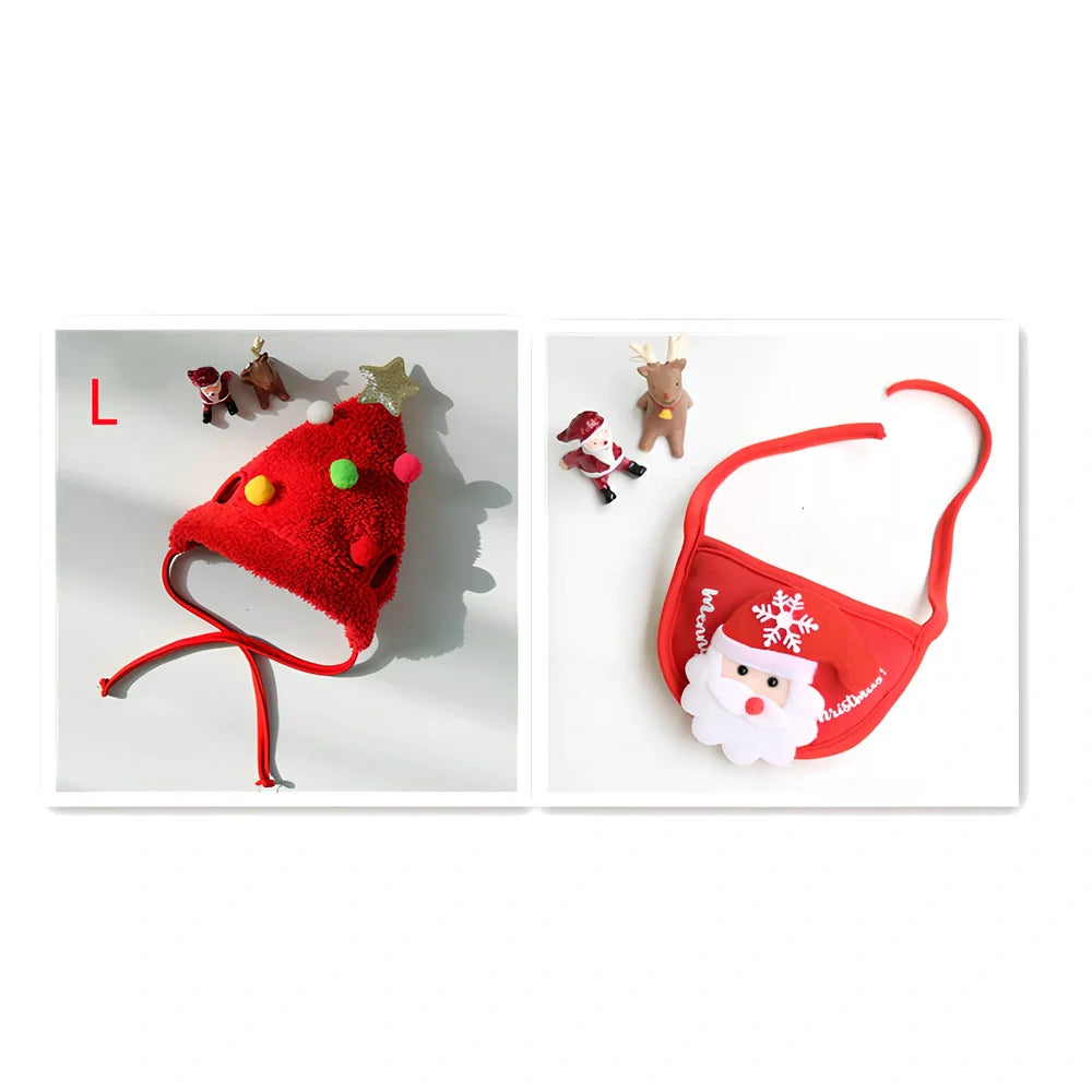 Christmas pet hat and saliva towel set with deer design for dogs and cats up to 15kg