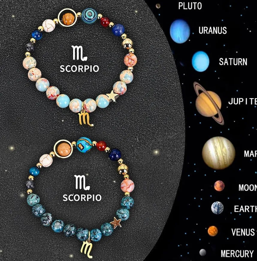 Set of two natural stone beaded bracelets showing zodiac sign designs on an elastic cord.