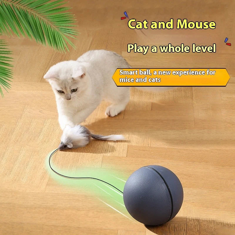Automatic intelligent rolling ball pet toy with plush mouse attachment for cats and dogs