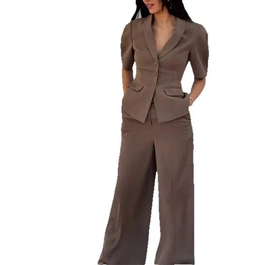 Brown polyester top and trousers suit set with slim fit waist, long sleeves, and full-length trousers