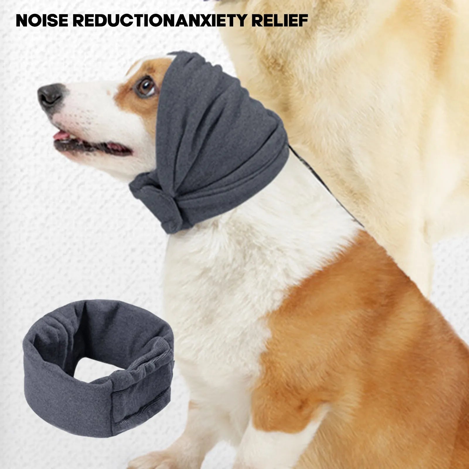Black dog calming hoodie head wrap covering ears, shown on a dog as a hood and neck scarf.
