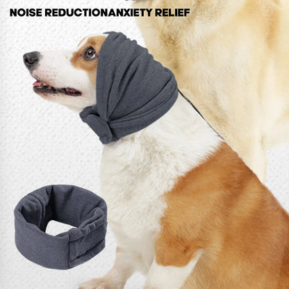 Black dog calming hoodie head wrap covering ears, shown on a dog as a hood and neck scarf.