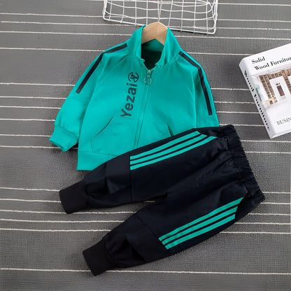 Boys' striped two-piece outfit, long-sleeve top and trousers, green or orange, 80-120cm