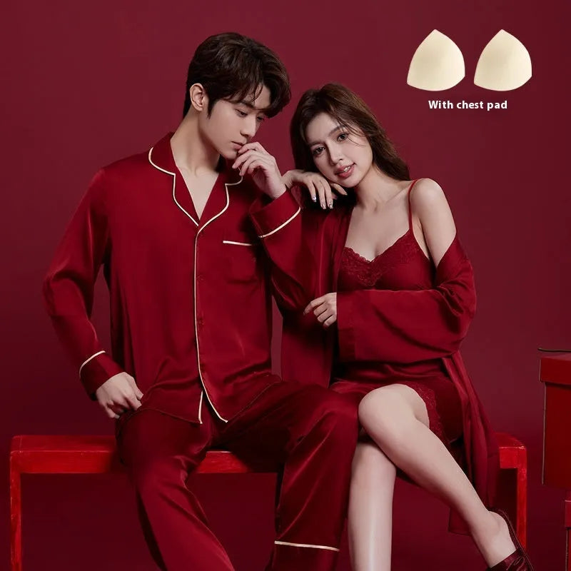 Red ice silk sleepwear set with long sleeves and trousers for men and women, lightweight fabric