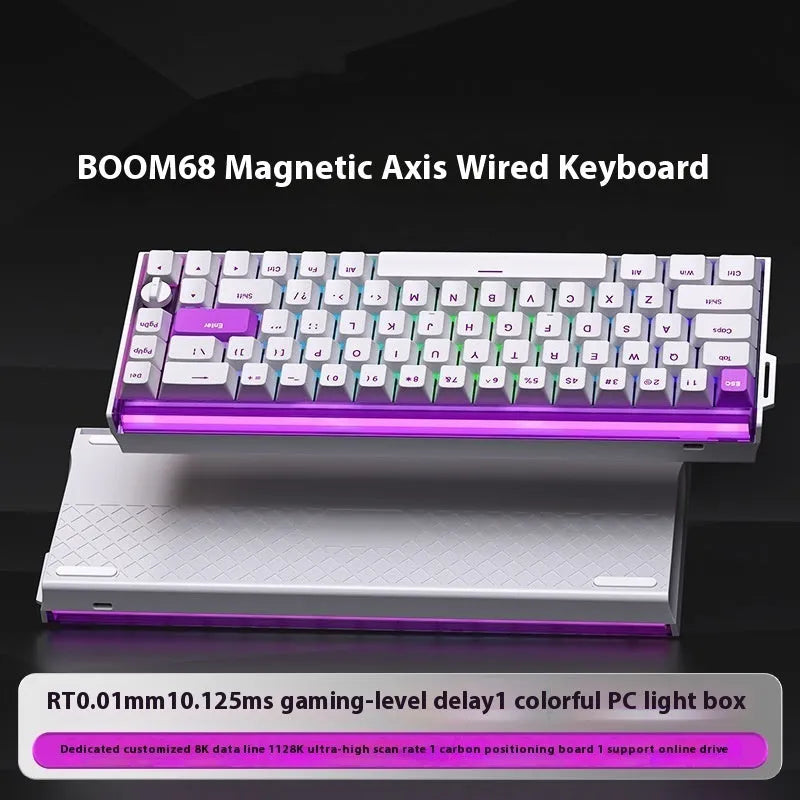 BOOM68 magnetic axis mechanical keyboard with 68-key compact layout and RGB backlighting on gaming desk