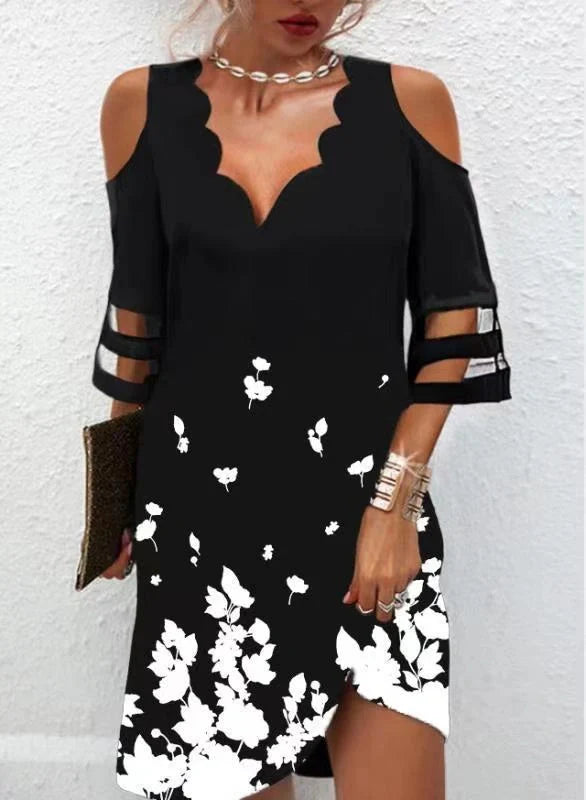 Women's summer V-neck chiffon dress with mesh stitching in white and black