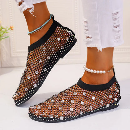 Women's flat sandals with mesh upper, colourful rhinestones, and rubber sole in sizes 35-43
