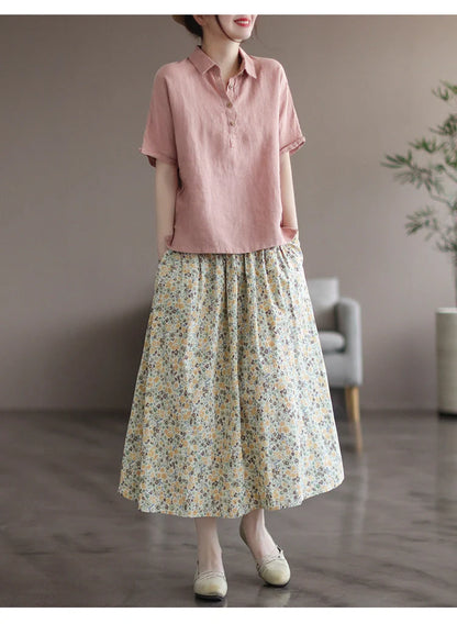 Chic floral printed cotton skirt in vibrant colors, perfect for any occasion.