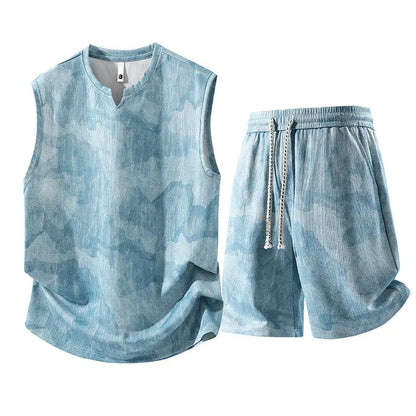 Man's casual sleeveless vest and shorts suit in a quick-drying fabric, shown in light denim blue.