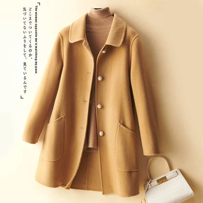 Women's black wool mid-length coat with doll collar and pearl buckle, showing double-faced fabric and 65cm length.