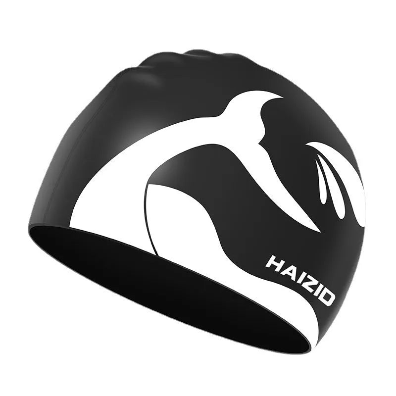 High Elastic Rubber Swim Cap With Waterproof Ear Protectors, unisex adult swimming cap made from silicone in whale tail pattern design available in four colours including black, lake blue, pink and grey for swimming and wading sports activities