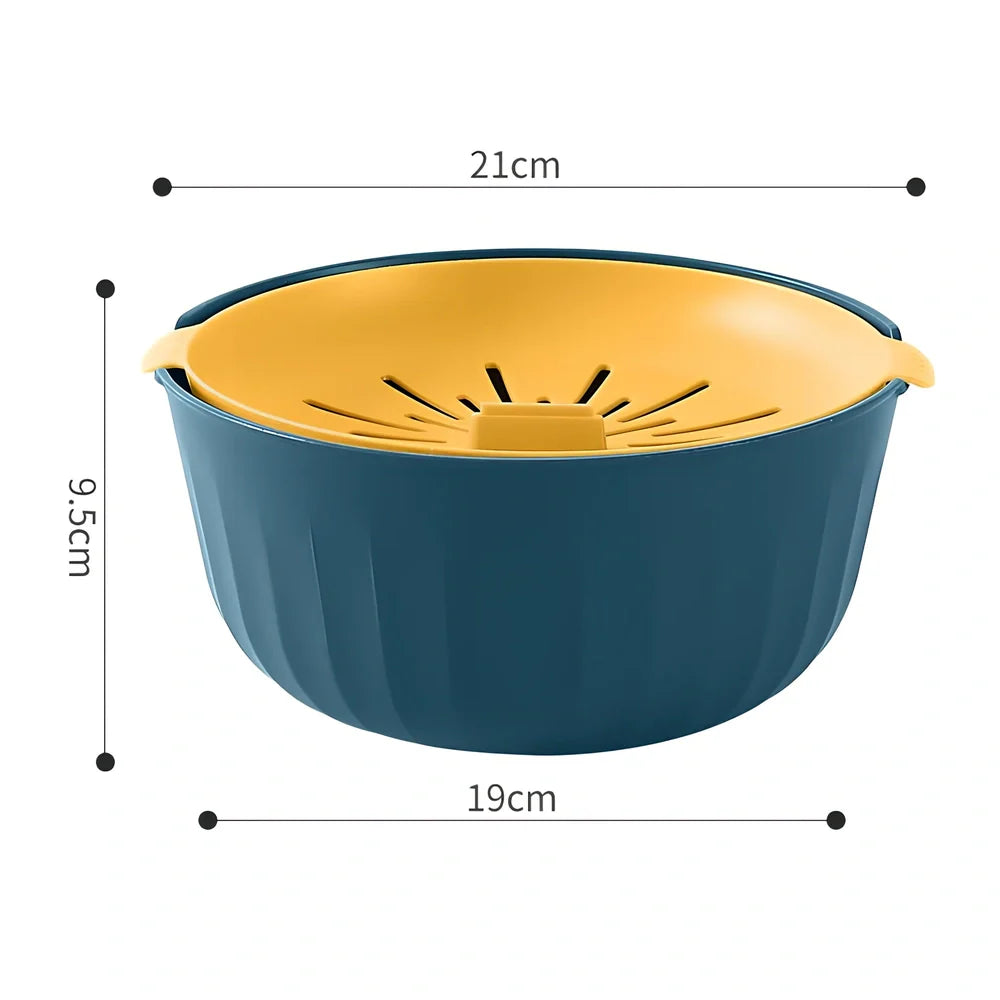 Blue and yellow kitchen egg separator with drainage channels for yolk and white separation