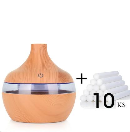 Yellow wood grain USB humidifier measuring 110x110mm with 300ml water tank and LED lighting